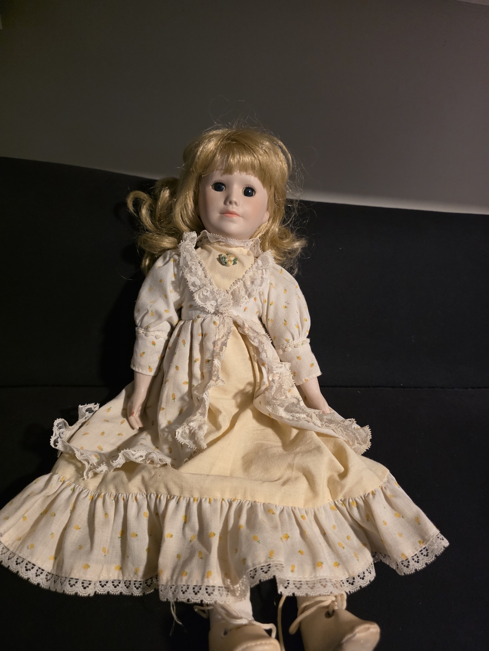 16" Porcelain Blonde Girl Doll in Cream Lace Dress Decorative Collectible